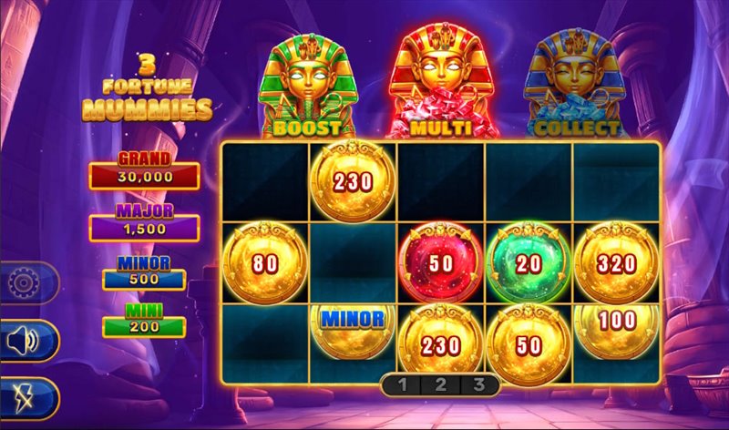 Ronda Hold and Hit de 3 Fortune Mummies con monedas bloqueadas y escalera de jackpots