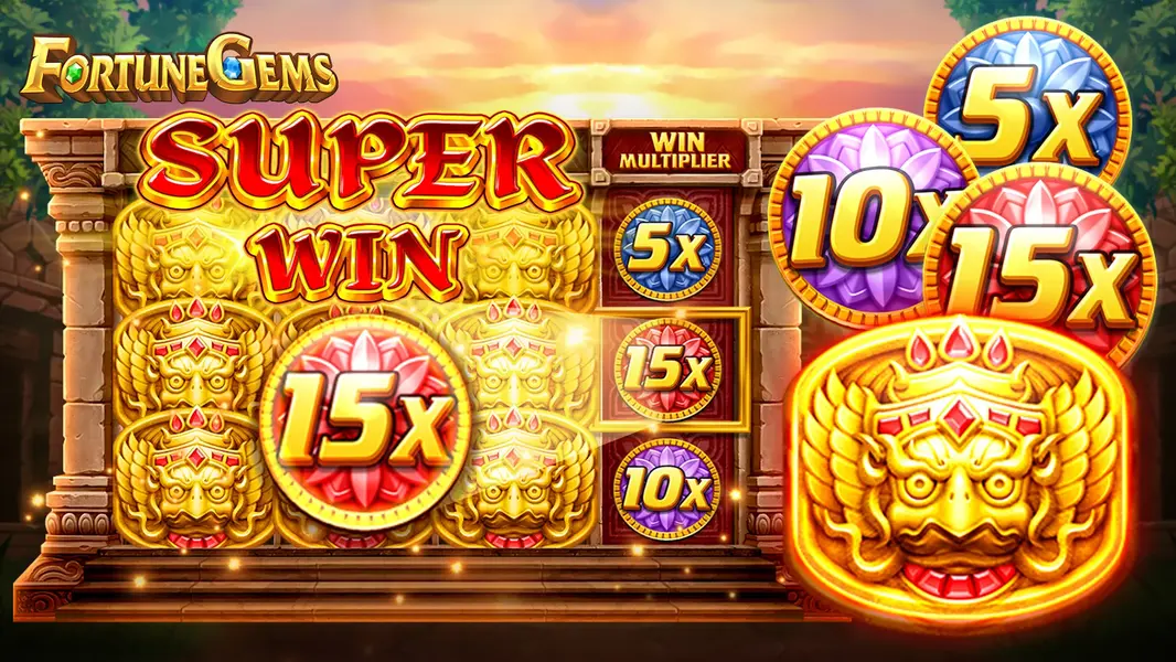 Pantalla de Super Win en Fortune Gems 2 con multiplicadores de 5x, 10x y 15x