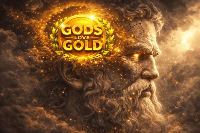 Dioses del Olimpo tallados en piedra sobre un cielo estrellado en Gods Love Gold