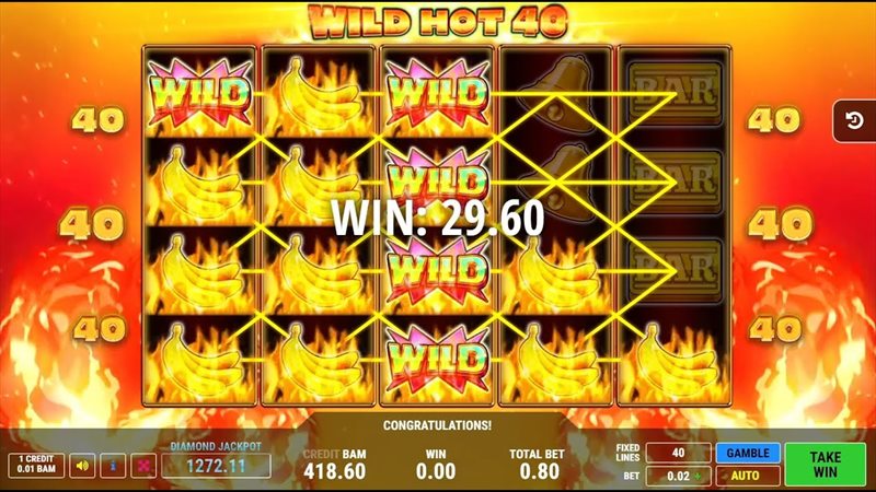 Pantalla de premio en Wild Hot 40 con símbolos de frutas y sietes alineados